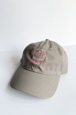 Gray beige baseball hat with multi-toned pink Bird Bam Tiles embroidered logo on a white background