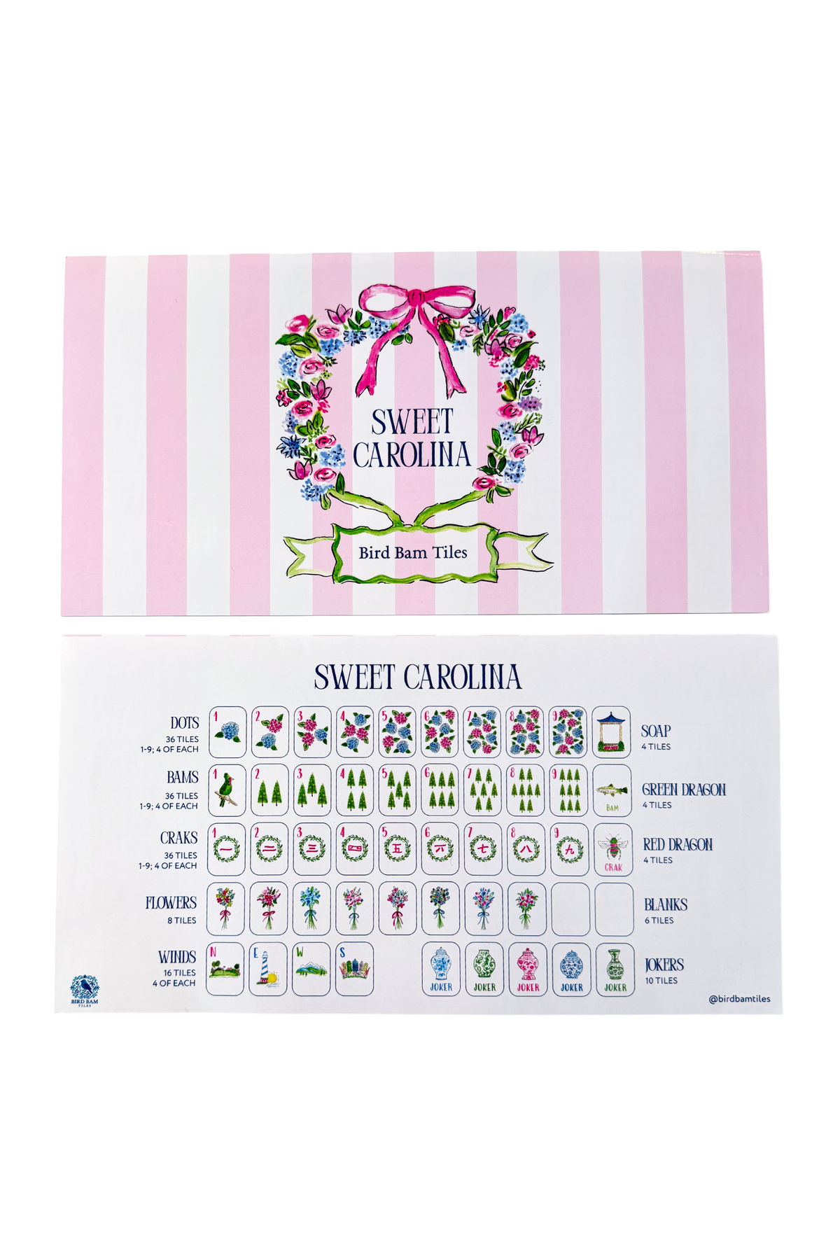 Front and back covers of folded Sweet Carolina mahjong instructional card