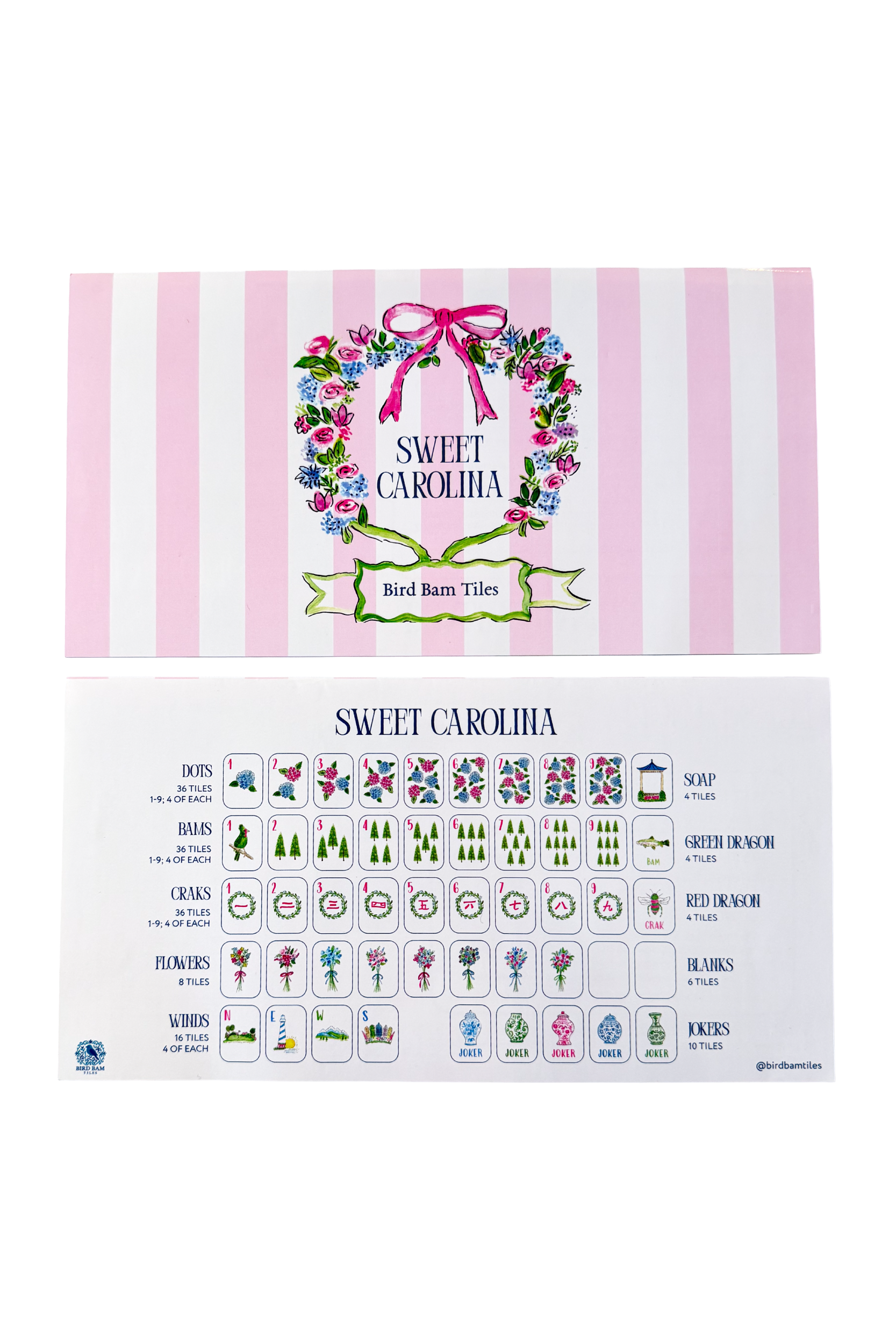 Front and back covers of folded Sweet Carolina mahjong instructional card