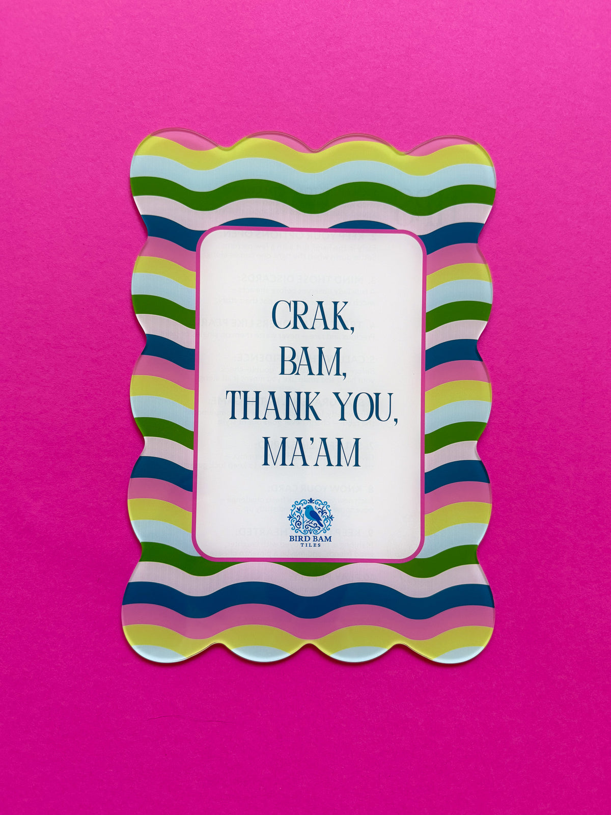 Colorful scalloped shuffler card featuring Crak Bam Thank You Maam text and pink, green, and blue squiggle lines on bright pink background
