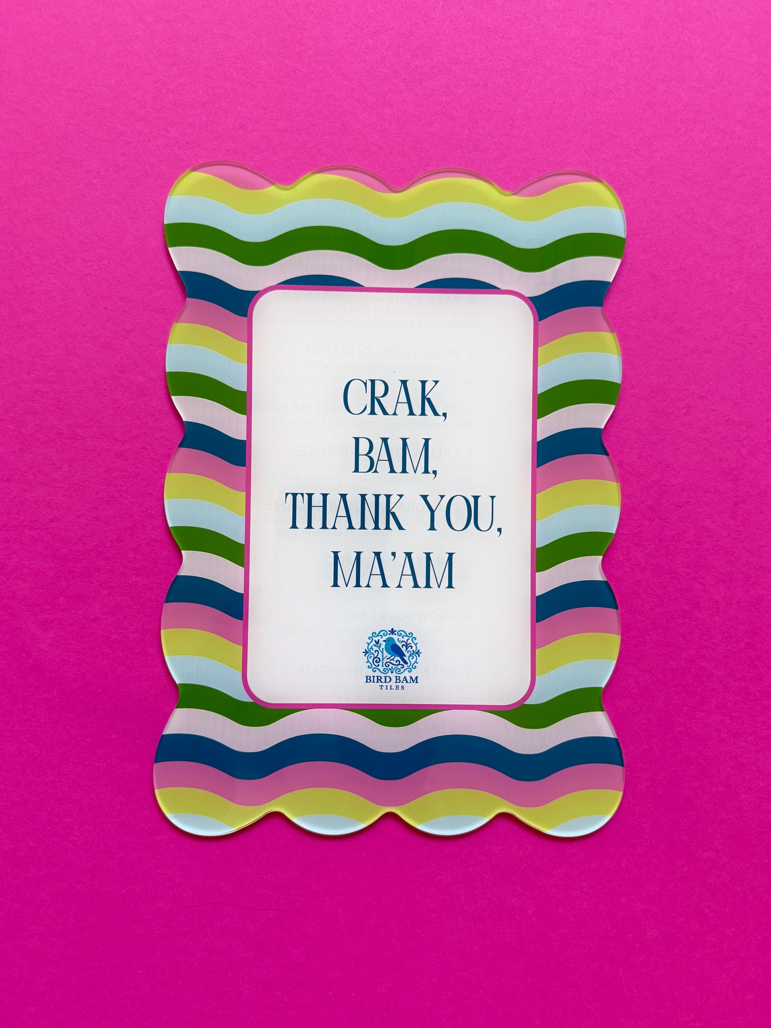 Colorful scalloped shuffler card featuring Crak Bam Thank You Maam text and pink, green, and blue squiggle lines on bright pink background
