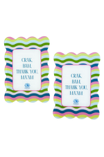 Two colorful scalloped shuffler cards with Crak Bam Thank You Maam text