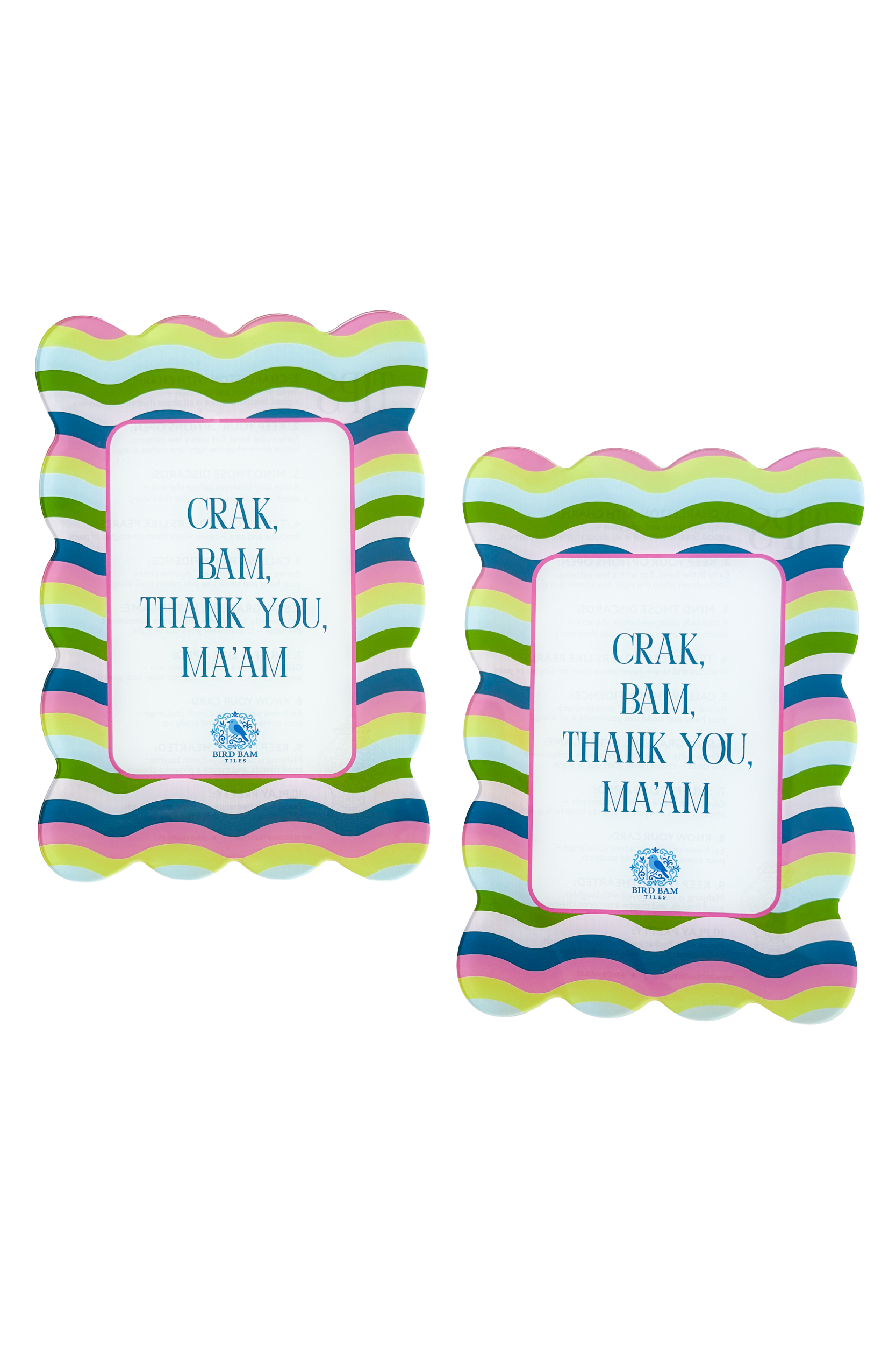 Two colorful scalloped shuffler cards with Crak Bam Thank You Maam text