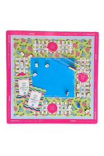 Colorful mahjong mat with shuffler cards, tiles, and acrylic racks and pushers on it