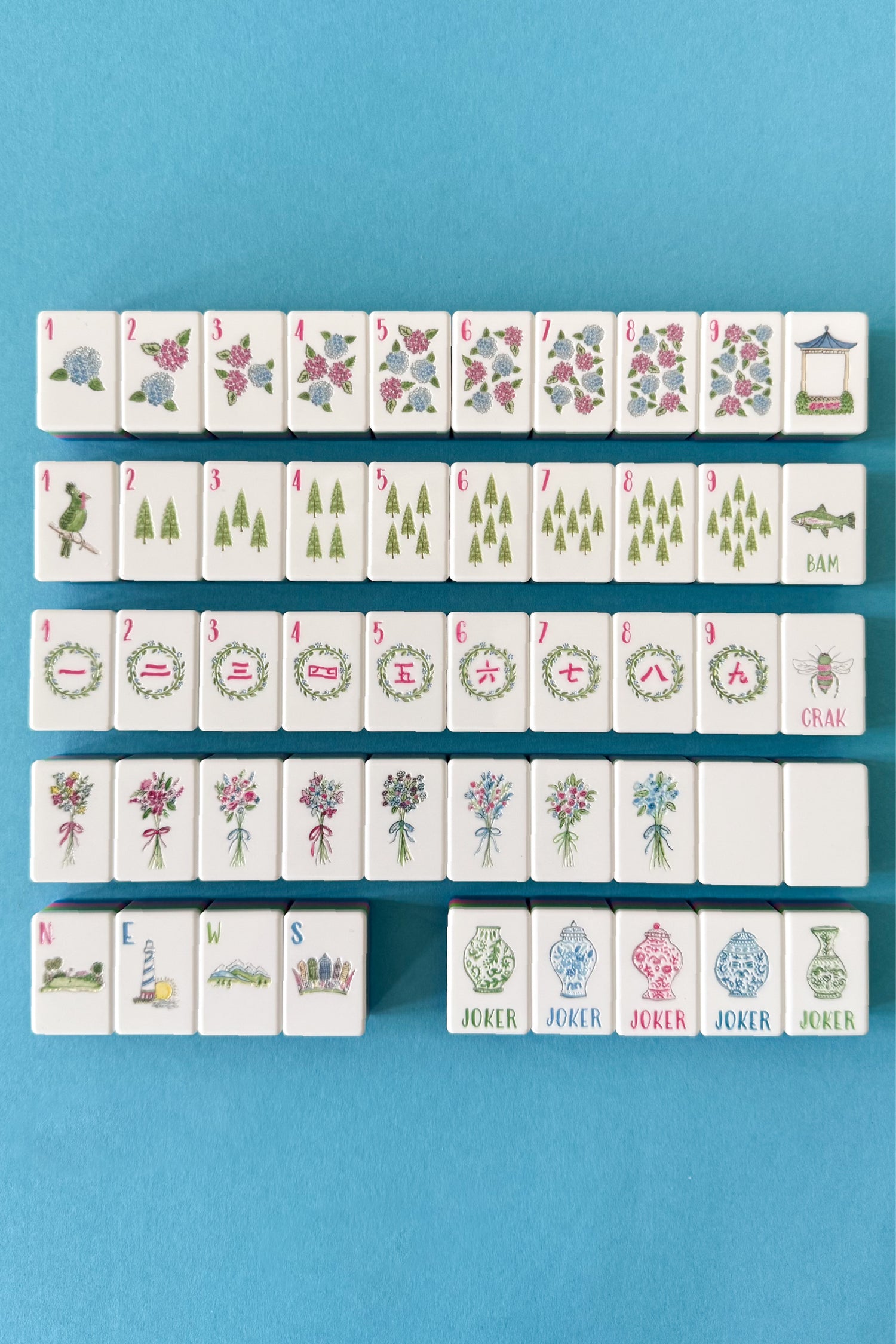 Set of Mahjong tiles on a blue background