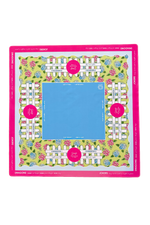 Colorful American Mahjong mat with pink border, blue center, and flowers across the mat