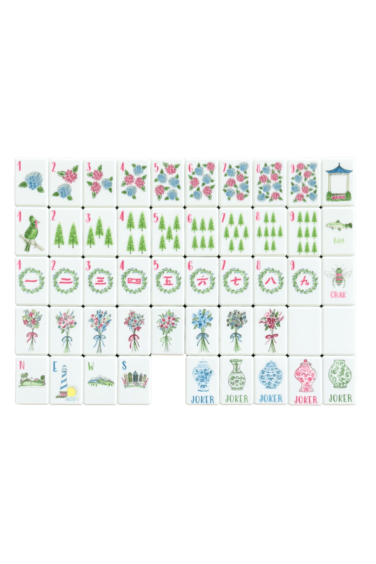 Set of Mahjong tiles with floral, tree, and colorful designs designs on a white background