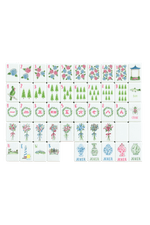 Set of Mahjong tiles with floral, tree, and colorful designs designs on a white background