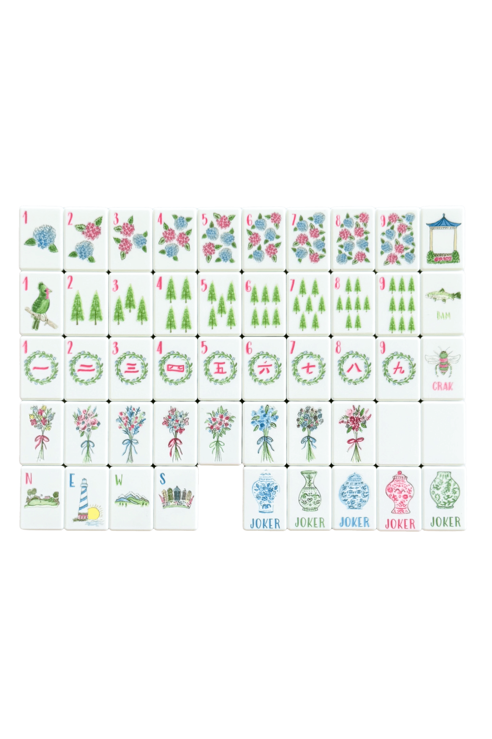 Set of Mahjong tiles with floral, tree, and colorful designs designs on a white background