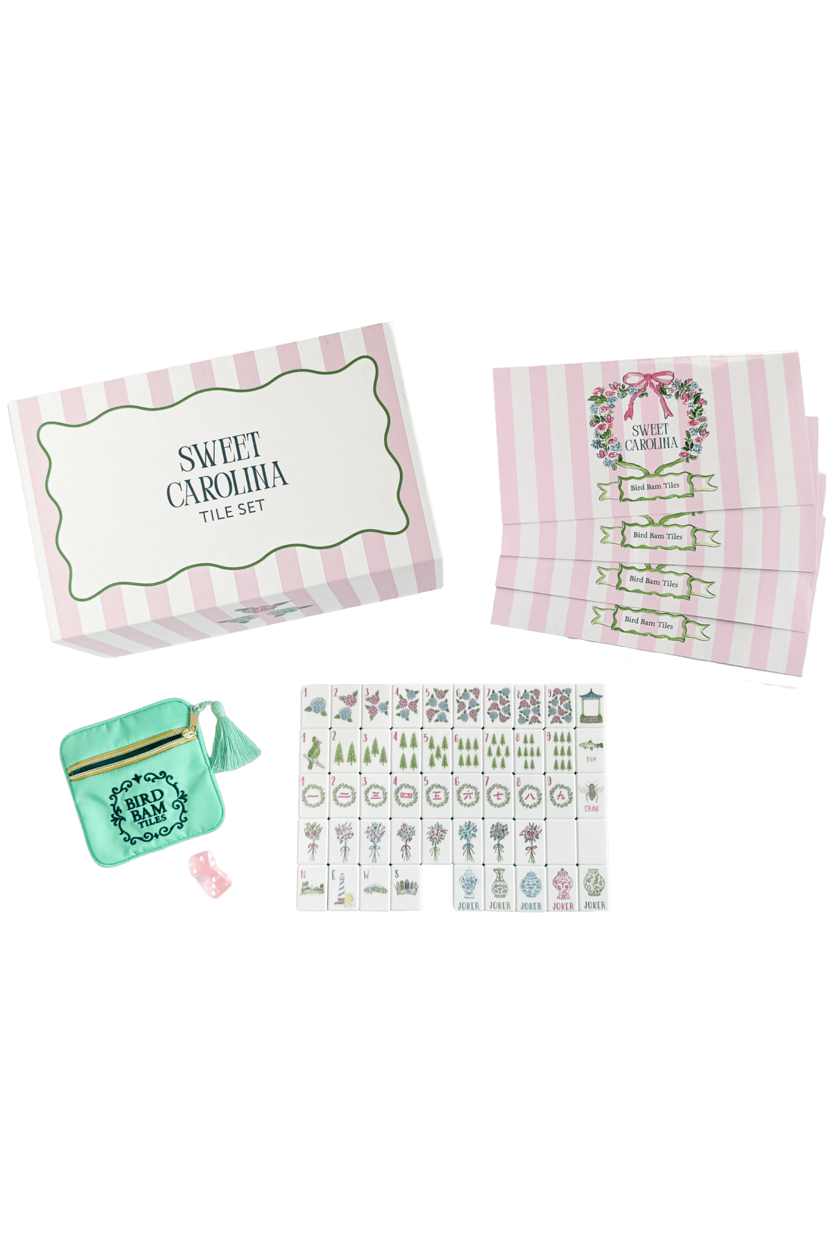 Sweet Carolina Mahjong Set featuring pink and white stripe box, four instructional cards, a mint green dice bag, and set of 160 tiles