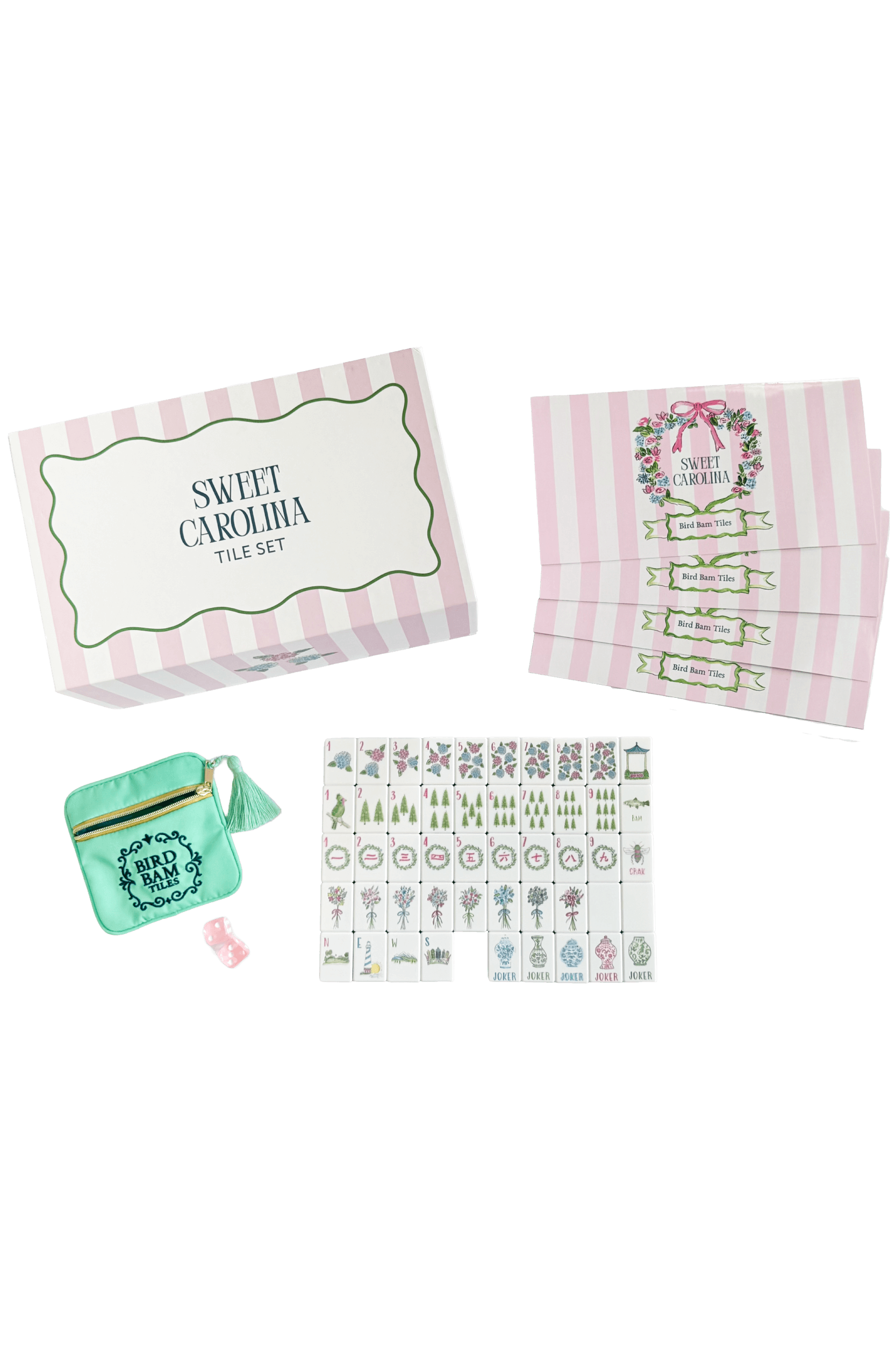 Sweet Carolina Mahjong Set featuring pink and white stripe box, four instructional cards, a mint green dice bag, and set of 160 tiles